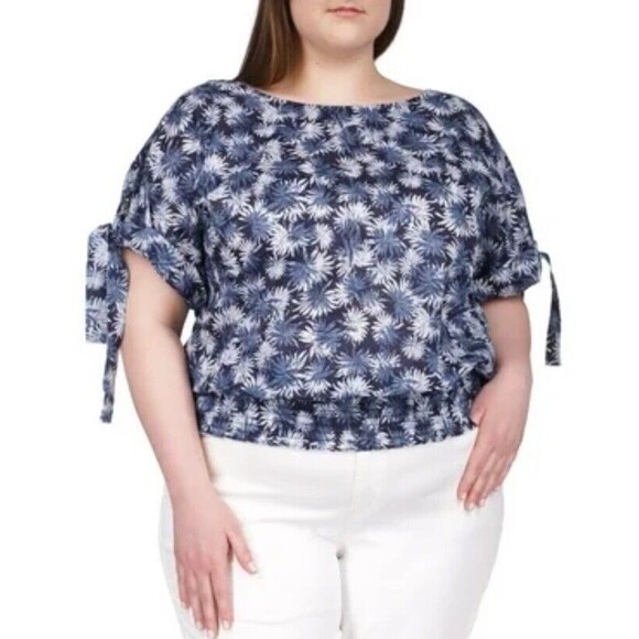 Michael Kors Tops - Michael Kors Top Plus Size 2X Women's Cotton Blue Tie Short Sleeve Boat Neck